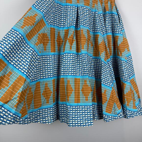 Francis + Benedict A-Line Skirt Women's Small Blue Brown Geo Pleated Togo Africa - Picture 3 of 10
